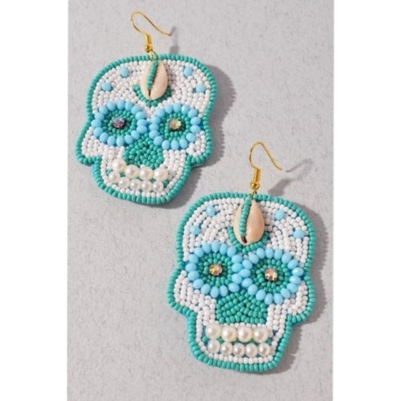 Beaded Sugar Skull Earrings | Pink & Turquoise Boho Dangle Statement Jewelry - Picture 6 of 6